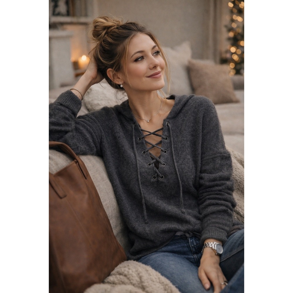 Vince Lace Up V-Neck Sweater Womens‎ M Grey Wool Cashmere Knit Dropped Shoulder